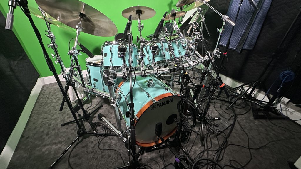 Close-up of drum microphones in J. P. Morrison’s recording setup